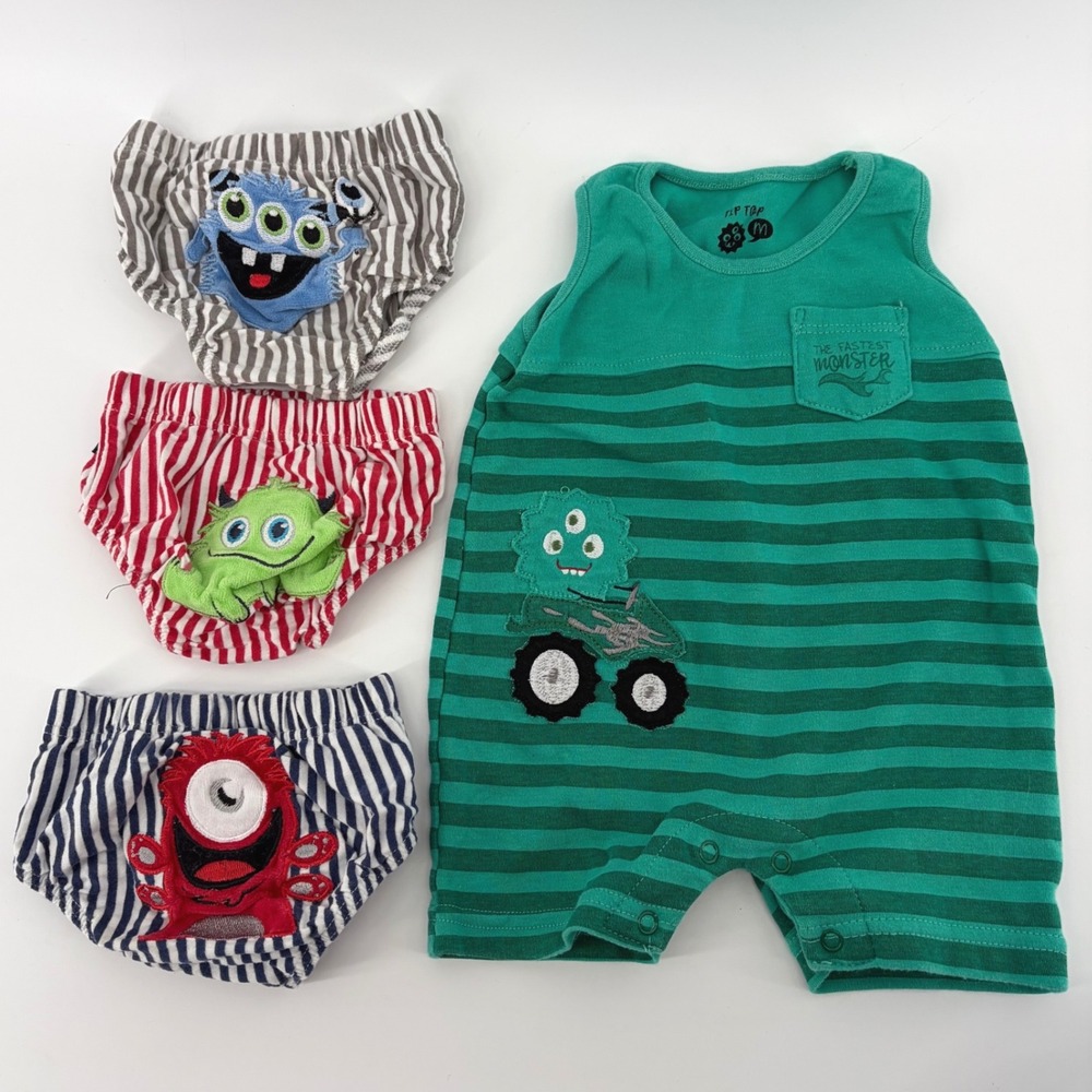 Tip Top Baby Monster Romper and Diaper Covers Set Green Striped 0-6 Months 4pc